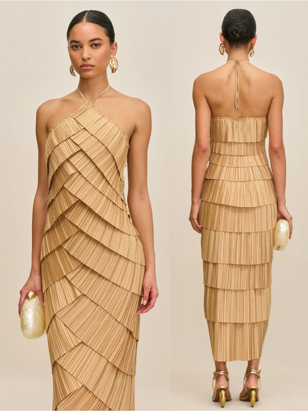 Cult Gaia Patrizia Halter Tiered Pleated Midi Dress Tierra Gold
